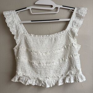 LELIS White Smocked Cotton Eyelet Ruffle Crop Top – Size M boho